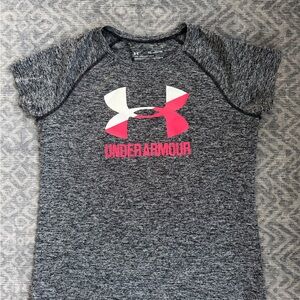 Under Armour Kids Heathered Gray Tee with Pink Logo